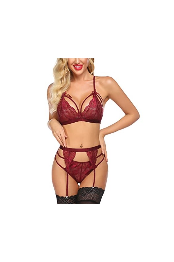 Avidlove Ensemble de lingerie sexy pour femme avec porte-jarretelles en dentelle, vert foncé, L