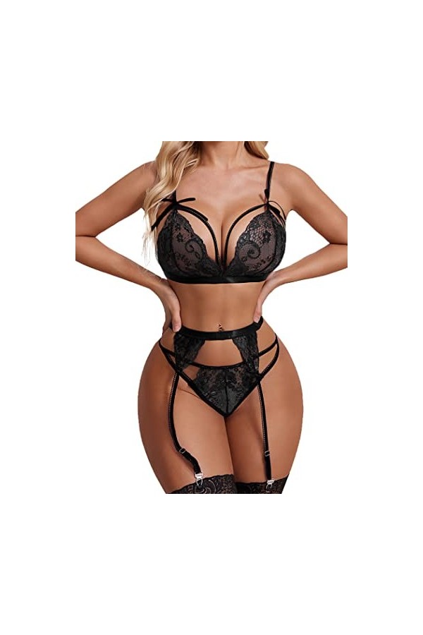Avidlove Ensemble de lingerie sexy pour femme avec porte-jarretelles en dentelle, vert foncé, L