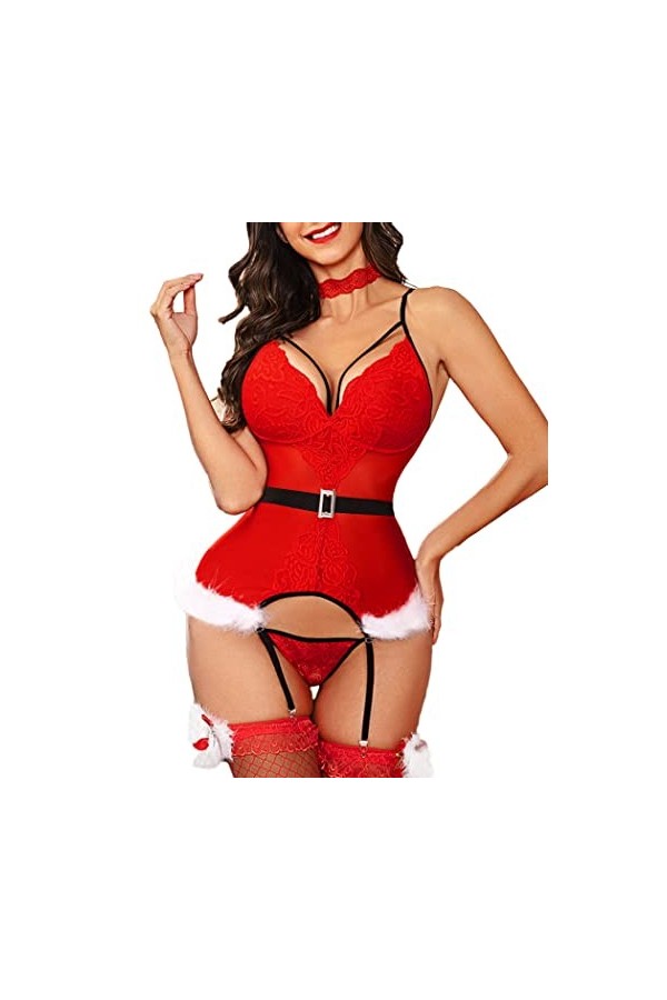 Avidlove Ensemble de lingerie de Noël en dentelle avec porte-jarretelles et tour de cou, Vert, XL