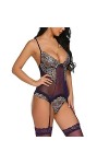 LDadgf Sexy Broderie Jumpsuit Dentelle Femmes Sous-vêtements avec Collants Sexy Combinaison Femme Lingerie, Bordeaux, XL