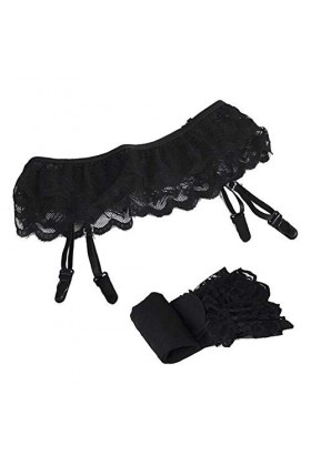 TDEOK Collier Femme Noir Sexy Top Jarretelles + Cuisse Hauts Dentelle Bas Femme Ceinture Jarretière Lingerie Bas Jarretelles,