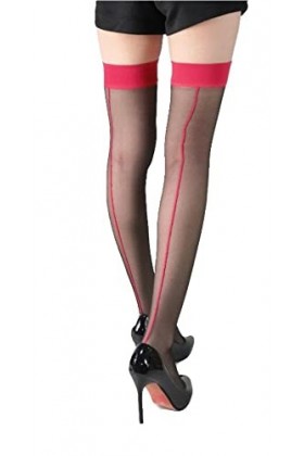 krautwear Bas porte-jarretelles en dentelle pour femme, Noir/rose 9039, taille unique