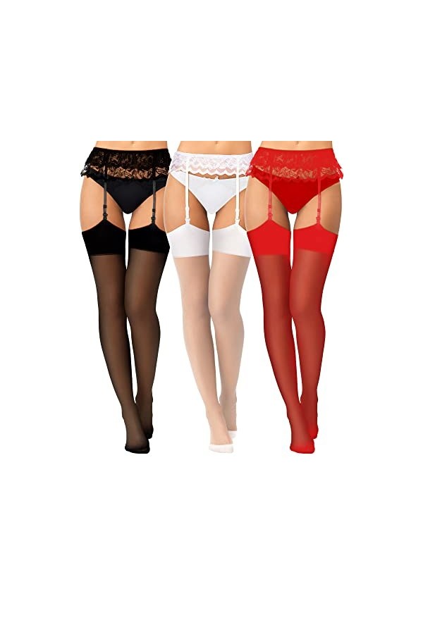 Geyoga 3 Sets de Bas et Porte-Jarretelles en Dentelle Femme Halloween Set de Jarretière et Bas de Cuisse Noir Blanc Rouge