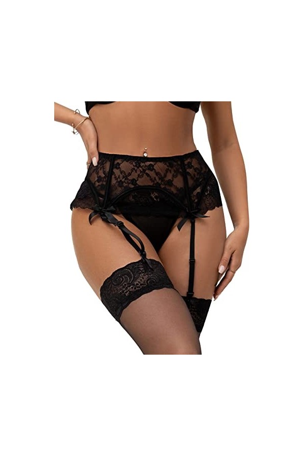 comeondear Femmes Porte-Jarretelles avec 4 Pinces Réglable Porte Jarretelle Grande Taille avec G-String B-Noir,M-L