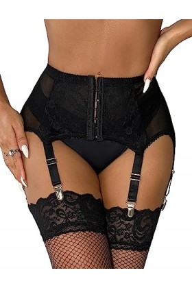 comeondear Porte-Jarretelles Sexy Femme Dentelle Porte Jarretelle Transparent avec 6 Pince Métallique Jarretelles Noir Jarret