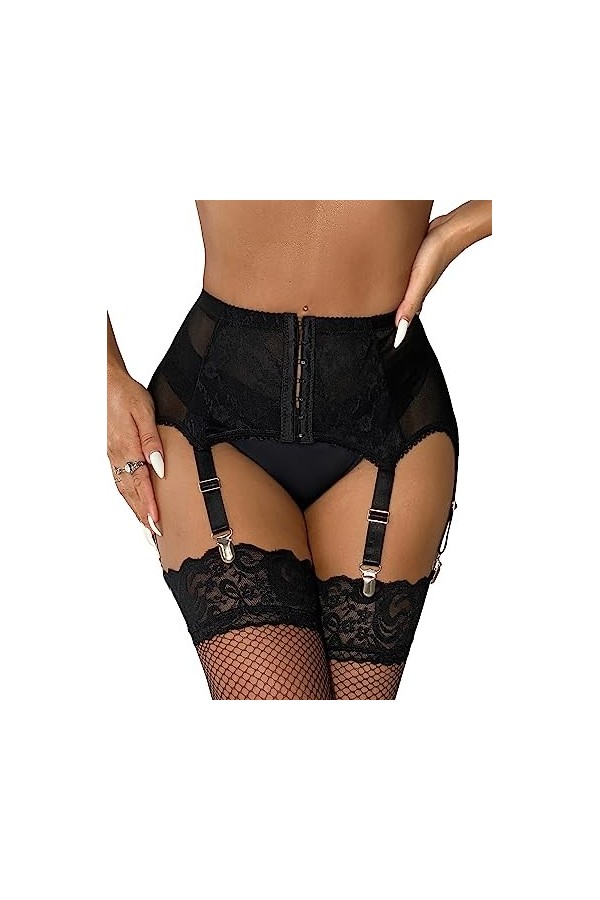 comeondear Porte-Jarretelles Sexy Femme Dentelle Porte Jarretelle Transparent avec 6 Pince Métallique Jarretelles Noir Jarret