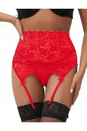 ohyeahlady Porte-Jarretelles Guêpière Taille Haute Porte Jarretelle Dentelle avec 4 Pinces Réglable Jarretelle avec G String 