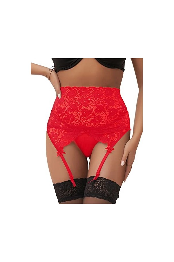 ohyeahlady Porte-Jarretelles Guêpière Taille Haute Porte Jarretelle Dentelle avec 4 Pinces Réglable Jarretelle avec G String 