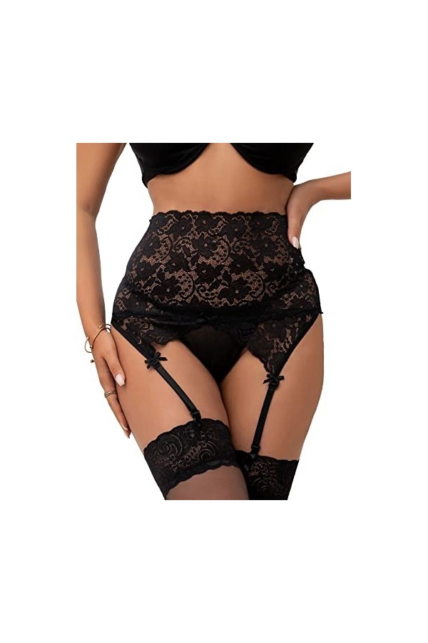 ohyeahlady Porte-Jarretelles Guêpière Taille Haute Porte Jarretelle Dentelle avec 4 Pinces Réglable Jarretelle avec G String 