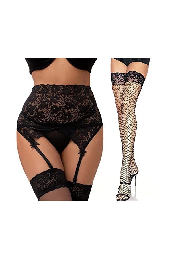 ohyeahlady Porte-Jarretelles Guêpière Taille Haute Porte Jarretelle Dentelle avec 4 Pinces Réglable Jarretelle avec G String 