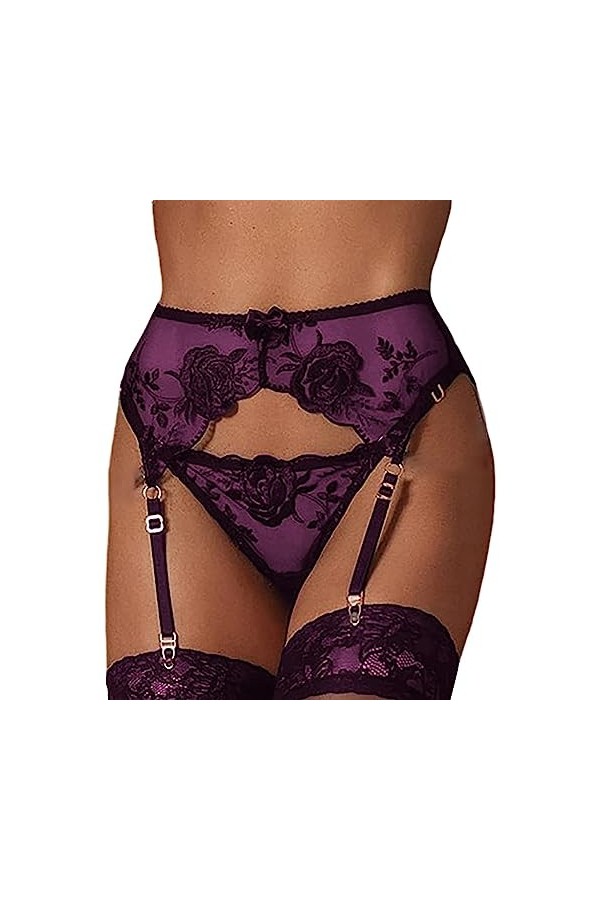 NewBull Porte-Jarretelle Sexy Ensemble Femme Nuisette Lingerie avec 4 Ajustable Bretelles Dentelle Florale Transparente Strin