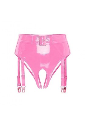 Freebily Femme Bas Porte-Jarretelle G-String Culotte Transparent Dentelle Simili Cuir Brillant Jarretière Ajustable Bas Linge