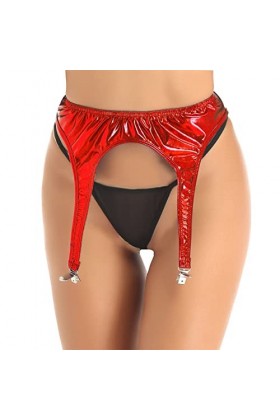 TiaoBug Porte-Jarretelles Cuir Femme Sexy Jarretières avec 4 Pinces Brillantes pour Bas Lingerie Mariage Danse Clubwear Rouge