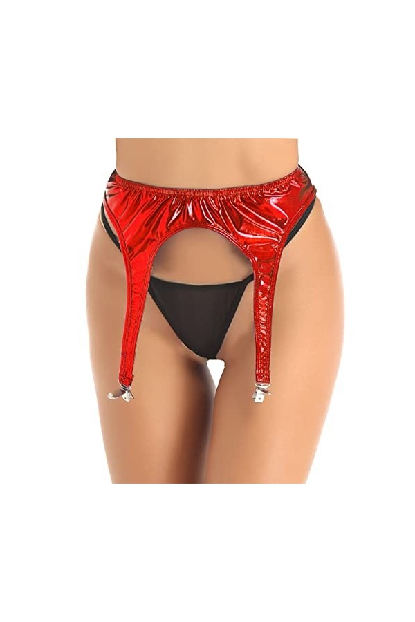 TiaoBug Porte-Jarretelles Cuir Femme Sexy Jarretières avec 4 Pinces Brillantes pour Bas Lingerie Mariage Danse Clubwear Rouge