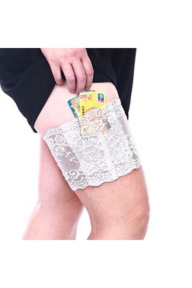 CAREOR Porte-jarretelles en dentelle épaisse pour femme - Antidérapante - Avec petit sac à main - Poches de sécurité pour tél