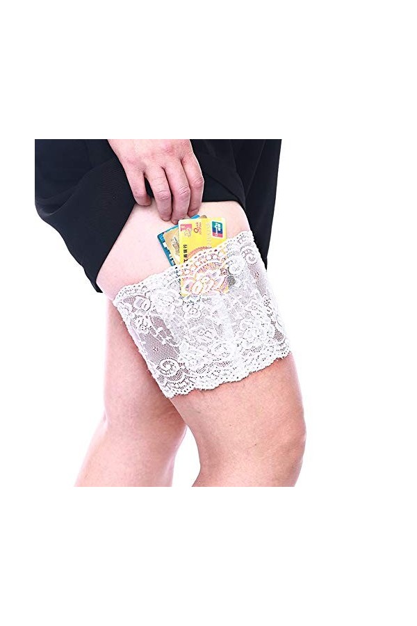 CAREOR Porte-jarretelles en dentelle épaisse pour femme - Antidérapante - Avec petit sac à main - Poches de sécurité pour tél