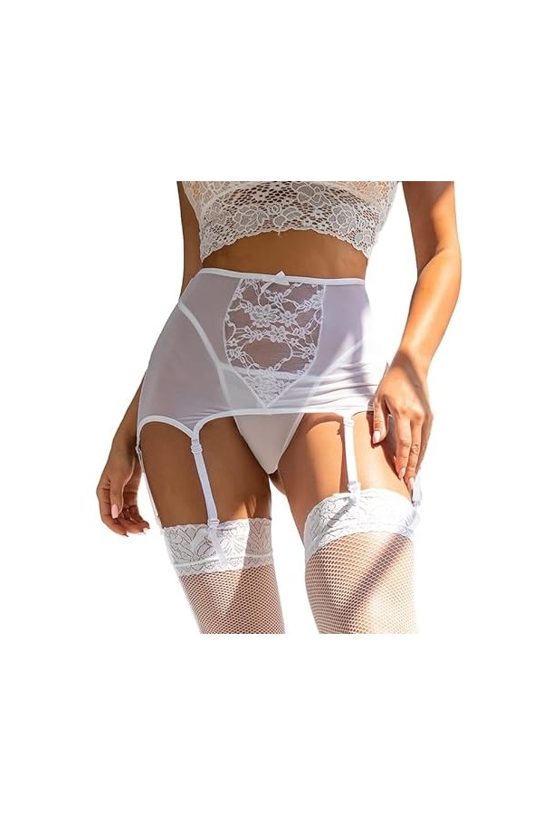 ohyeahgirl Femme Porte-jarretelle en Dentelle Jarretières avec 6 Sangles Réglables Taille Haute 5XL, Blanc 