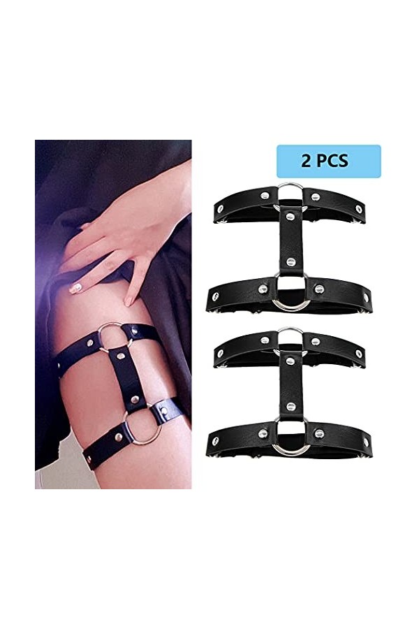 Aabellay 2PCS Double Rangée Jarretelles Anneau Jambe Gothique Jambe Élastique Punk Harnais Porte-Jarretelles Réglable avec 2
