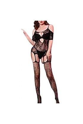 CUTeFiorino G String Sexy Lingerie Creux Résille Gros Bas Maillage Combinaison Ouvert Combinaison Lingerie Noire Avec Jarrete