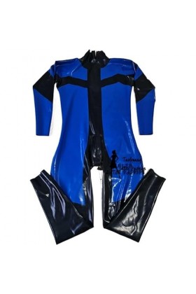 Combinaison Catsuit en Latex bleu foncé et noir, tenue de soirée serrée, fermeture éclair de 0.4mm