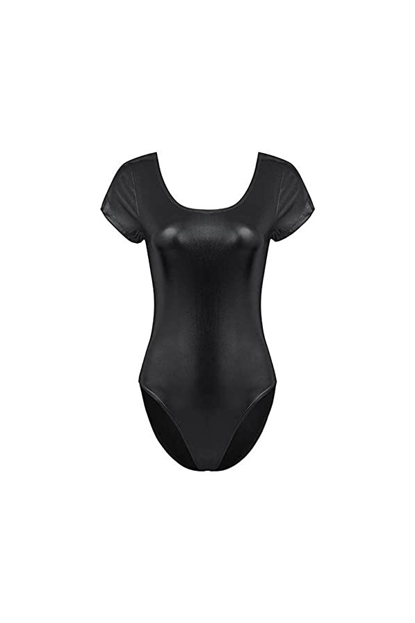 Générique Femmes Wetlook Body Shiny Ballet Justaucorps Dance Body Jumpsuit Party Dance Wear Disco Mini Jupe Courte Sexy Blac