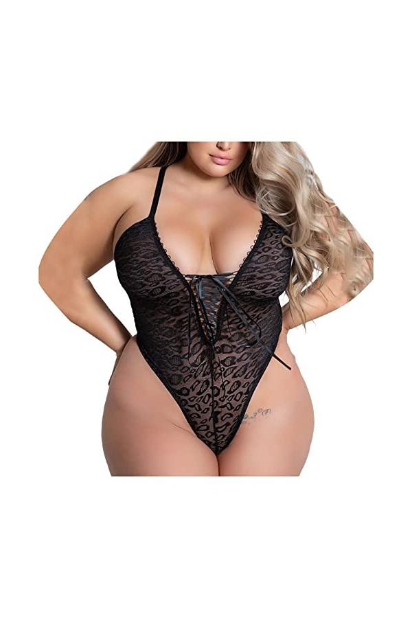 Lingerie Sexy Femme Coquine Hot Grande Taille One Piece Mesh Lace-Up Leopard-Print Lingerie Sexy Taille Dames Plus Sexy Combi