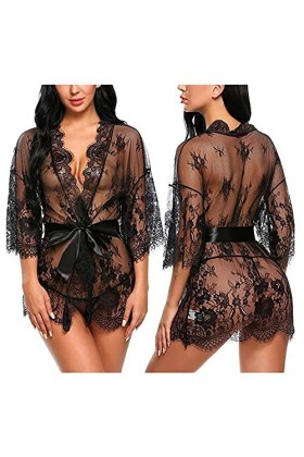 Lingerie sexy pour femme avec soutien-gorge et ceinture en dentelle à manches longues pour femme, Noir , L