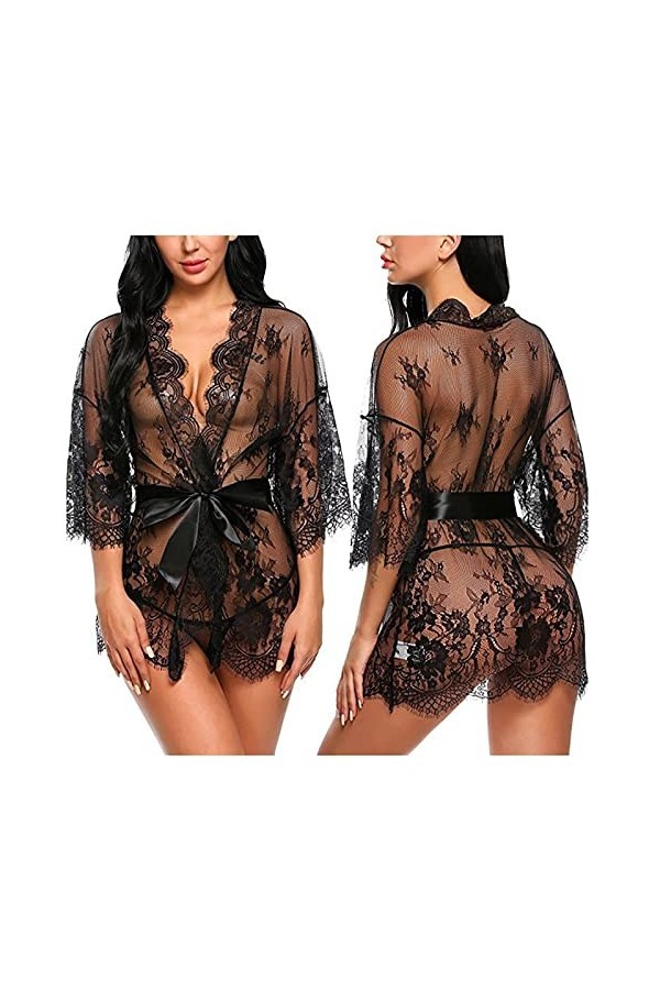 Lingerie sexy pour femme avec soutien-gorge et ceinture en dentelle à manches longues pour femme, Noir , L