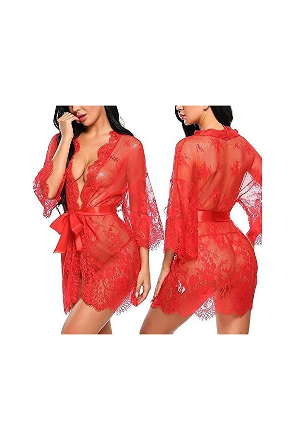 Lingerie sexy pour femme avec soutien-gorge et ceinture en dentelle à manches longues pour femme, Noir , L