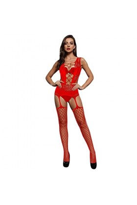 Coton Grande Taille Femmes Sexy Lingerie Résille Bodystocking sous-Vêtements De Nuit Chemises Bodys pour Sexy Red, One Size 
