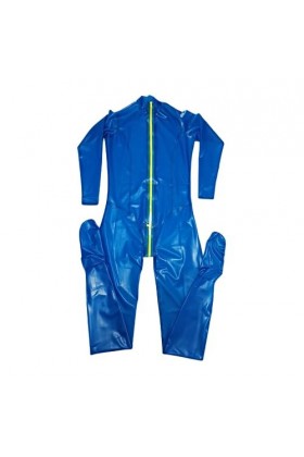 Latex Catsuit Rubber Transparent blue Full Cover Bodysuit With yellow Zipper