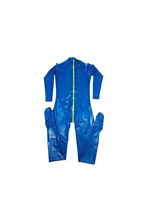 Latex Catsuit Rubber Transparent blue Full Cover Bodysuit With yellow Zipper