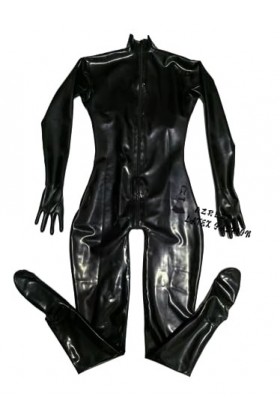 Black Latex Catsuit Rubber Gummi Leotard 3D chest with Two-Way Back Zipper Through Crotch Suitable for men and women