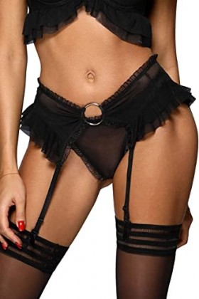 Axami String en tulle noir avec petit bord à volants, Noir , XL