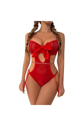Body Tulle Transparent Womens Sexy Underwear Hot Diamond Splicing Red Bow New Year Valentines Day Jumpsuit Lingerie Une Pièc