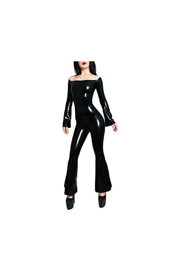 Femmes Latex Catsuit Skinny Clothes Party Combinaison Noire Avec Manches Évasées-Personnaliser,Noir,XL
