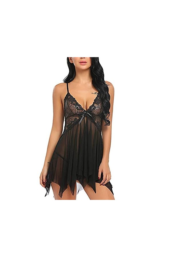 HSAJS Lingerie Sexy Femme Babydolls sous-vêtements en Dentelle Dos Nu Nuisettes Erotique Combinaison et G-String Chemises de 