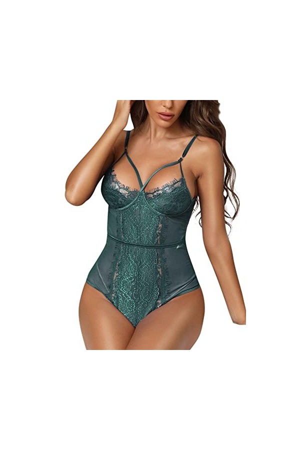 EVELIFE Femme Ouvrir Le Dos Sexy Erotique Arc Creux Nuisettes Costume Col V Dentelle sous-VêTements Set No Underwire-Vert Fo