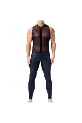 HSQSMWJ Hommes Latex Cuir Catsuit Combinaison Pantalons sans Manches Brillant PU Combinaison Bodysuit Color:Black,Size:M 