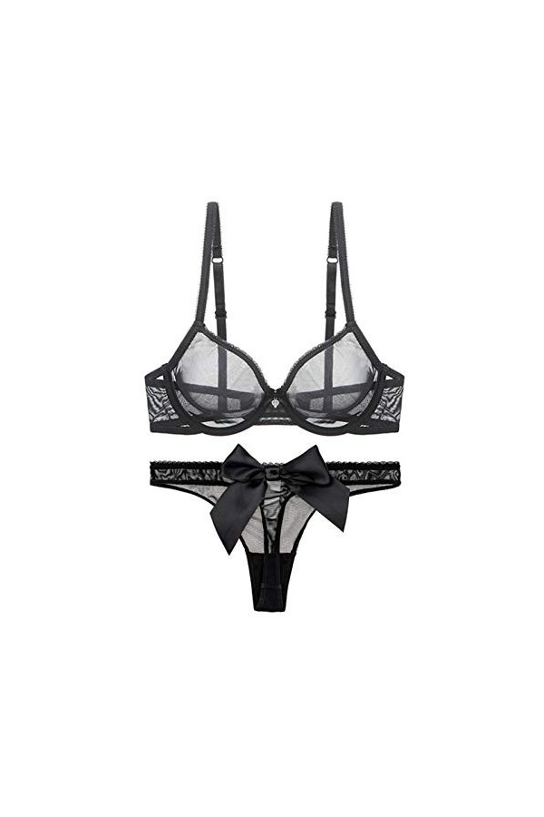 Ensemble de lingerie sexy en dentelle pour femme avec soutien-gorge et string Noir Taille 95D