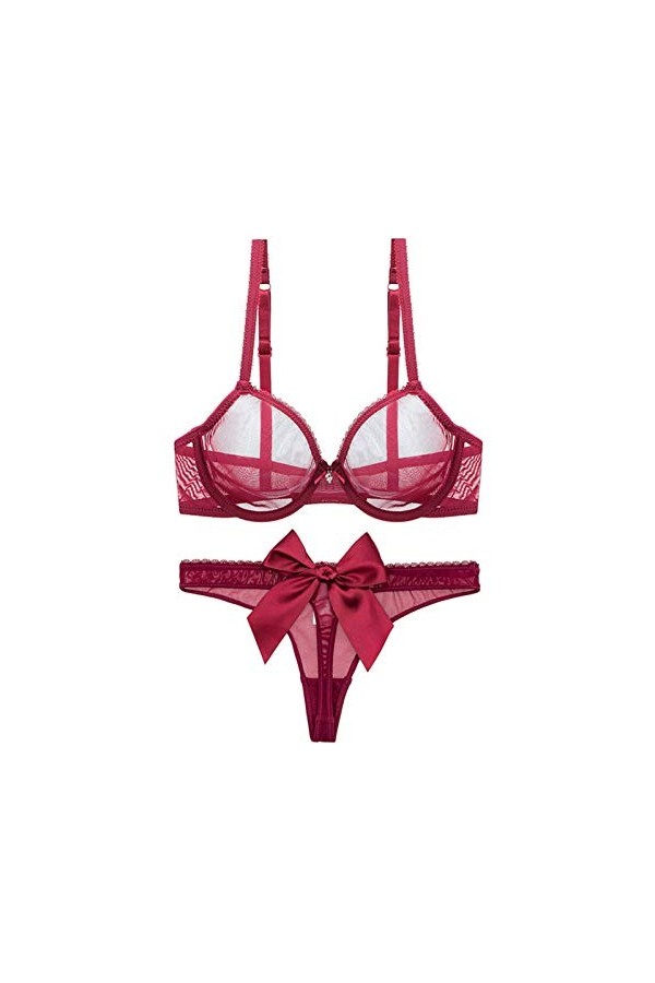 Ensemble de lingerie sexy en dentelle pour femme avec soutien-gorge et string Noir Taille 95D