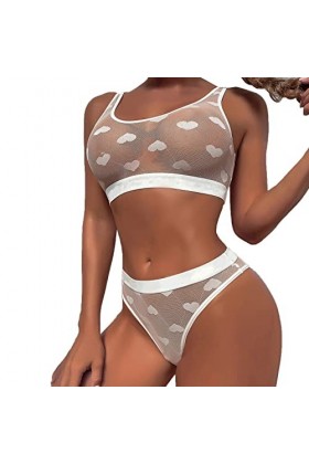 Body Sexy Femme érotique Ensemble Lingerie Transparent Sexy Lingerie en Maille avec Impression Coeur sous Vetements Feminins 