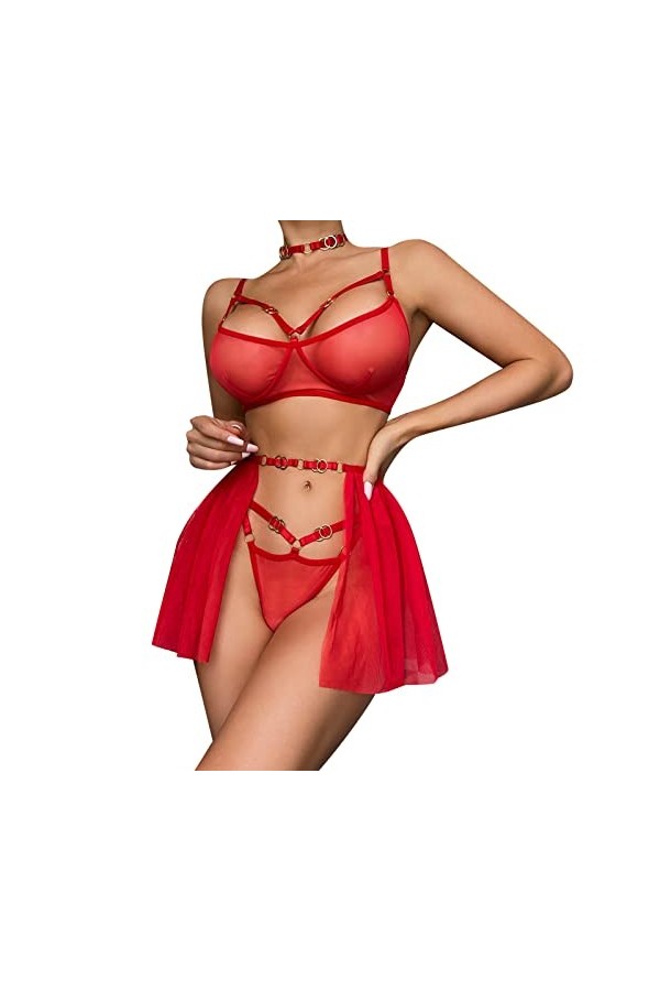 liaddkv Lingerie sexy pour femme, personnalité, anneau en métal, maille, ensemble de lingerie sexy robes sexy, rouge, S