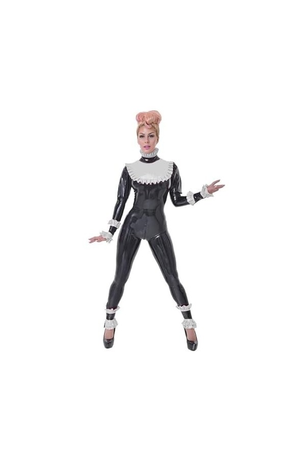 Sexy Black with Frills Faux Latex Catsuit High Neck Long Sleeve Shiny PVC Jumpsuit Gothic Vinyl Leather Romper Big Size