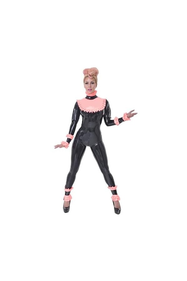 Sexy Black with Frills Faux Latex Catsuit High Neck Long Sleeve Shiny PVC Jumpsuit Gothic Vinyl Leather Romper Big Size