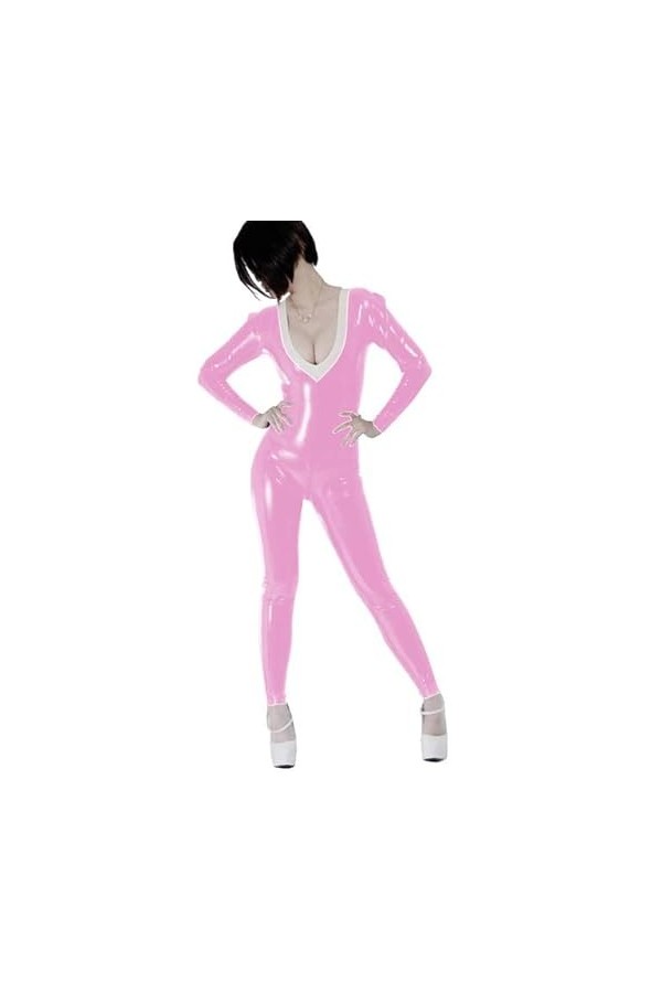 Sexy Plunging Neckline PVC Leather Catsuit For Women Wet Look Faux Latex Jumpsuit Zipper Open Crotch Stretch Jumpsuit