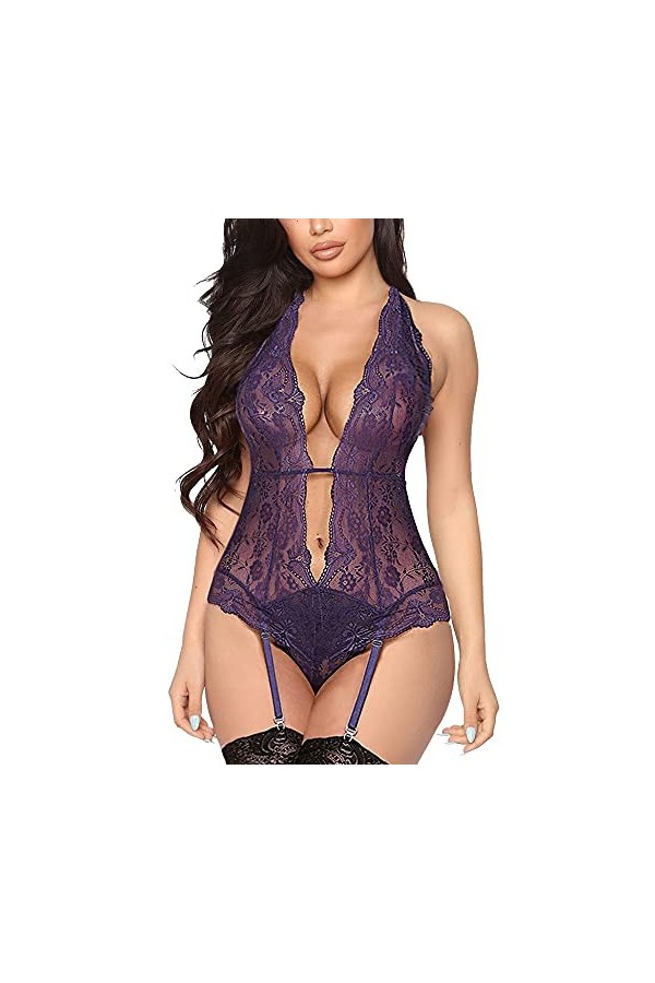 EVELIFE Femme Sexy Col V Profond Lingerie Dentelle Body Transparent Dos Nu sous-vêtements Ensemble de Lingerie avec Jarretièr