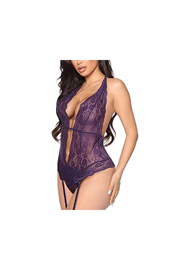 EVELIFE Femme Sexy Col V Profond Lingerie Dentelle Body Transparent Dos Nu sous-vêtements Ensemble de Lingerie avec Jarretièr