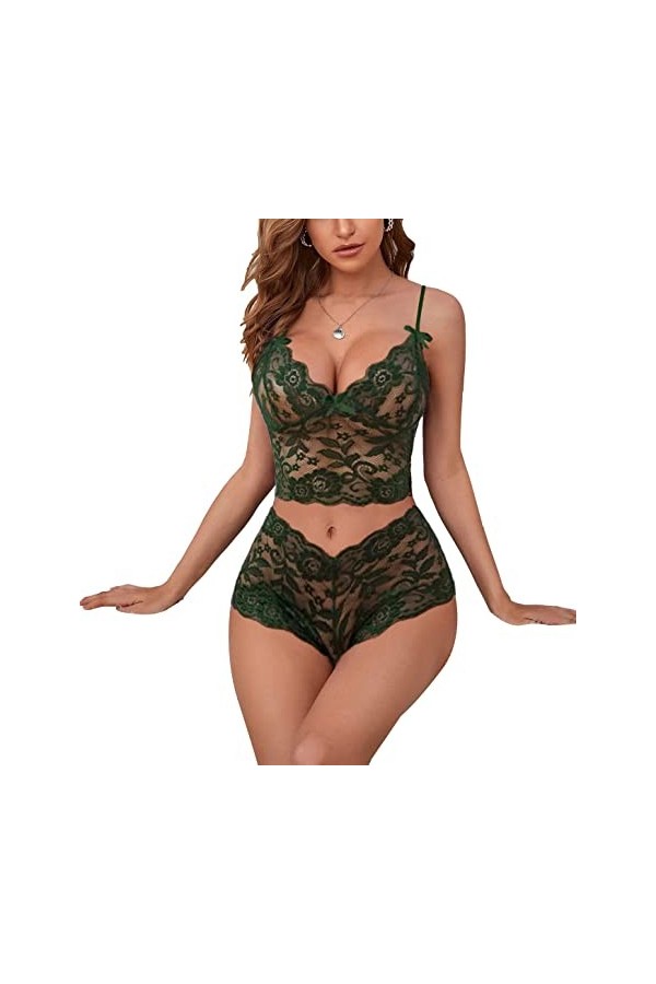 Lilosy Ensemble de lingerie sexy en dentelle florale transparente taille haute soutien-gorge et culotte 2 pièces, Noeuds Papi