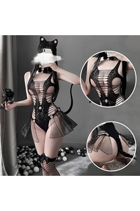 Juig Sexy Chat Uniforme érotique Tenue pour Femme enveloppé Poitrine Maille Arc Fille Sexy Amour Cosplay Costumes à Lacets Ch